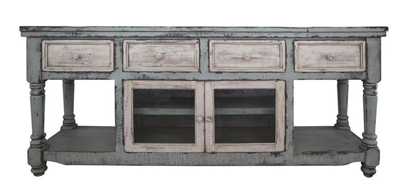 Aruba 70" TV Stand in Sky Blue Finish, w/4 white drawers and 2 white doors