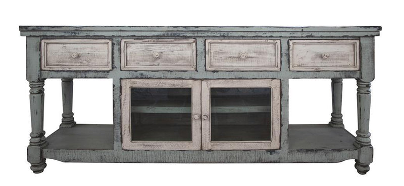 Aruba 70" TV Stand in Sky Blue Finish, w/4 white drawers and 2 white doors